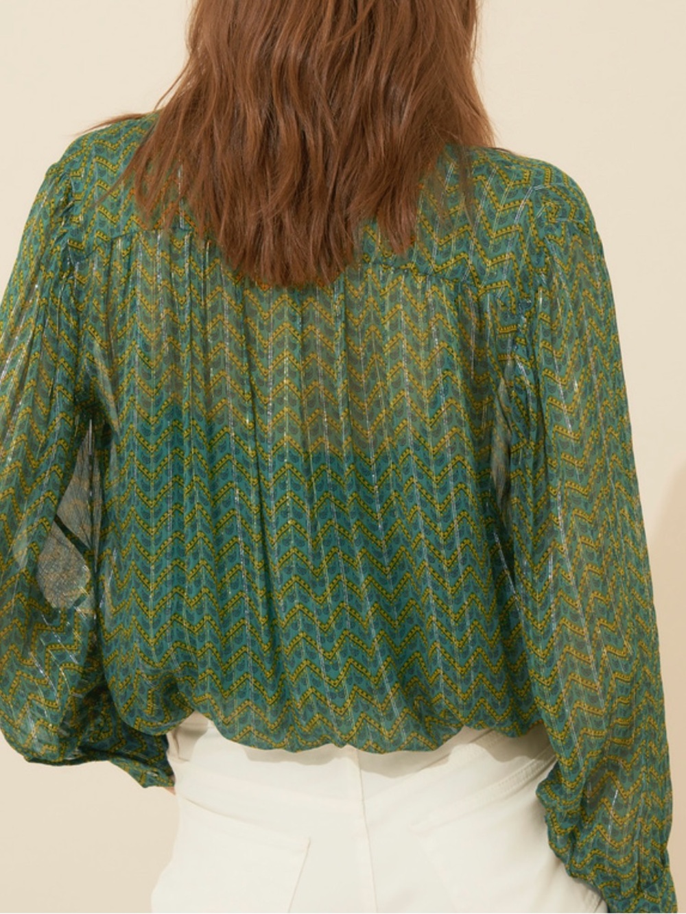 ba&sh Green Chevron Wize Ruffle-Neck Blouse - Picture 2 of 10